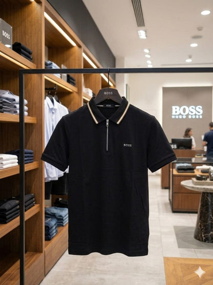 BOSS 2026 premium black polo tee regular fit front view
