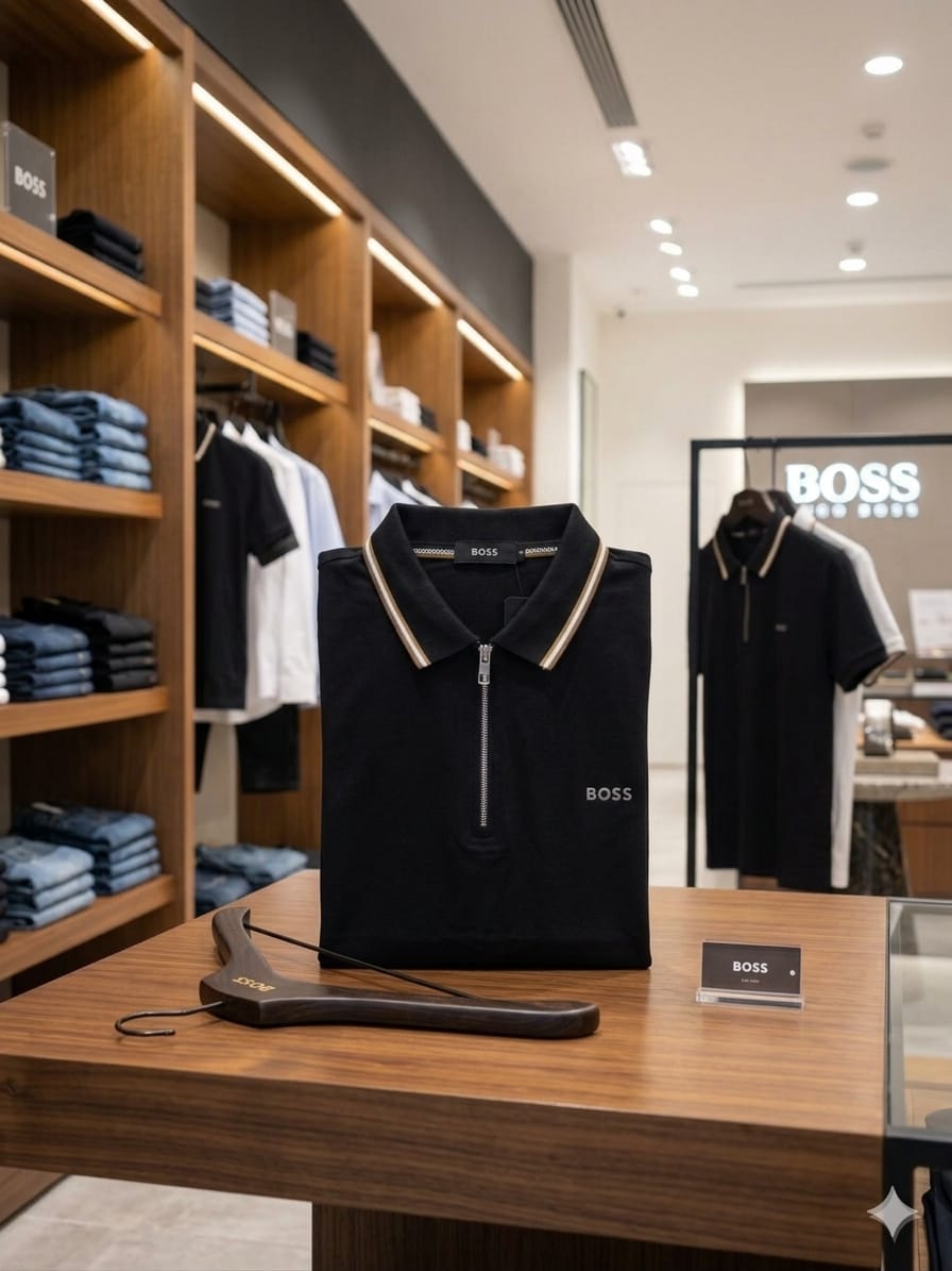 BOSS 2026 black polo shirt regular fit detailed view
