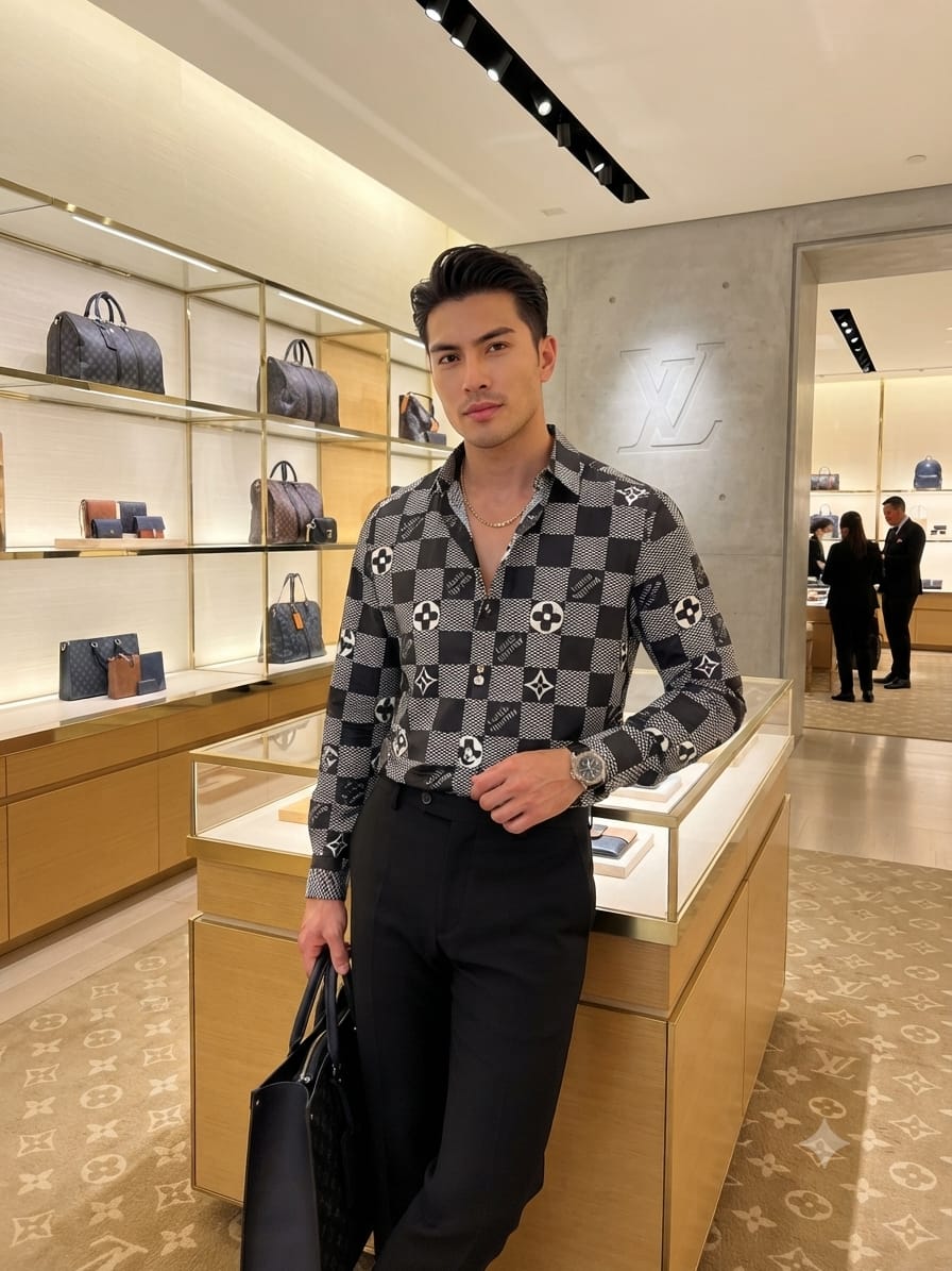Louis Vuitton men's black premium Crush cotton regular fit shirt
