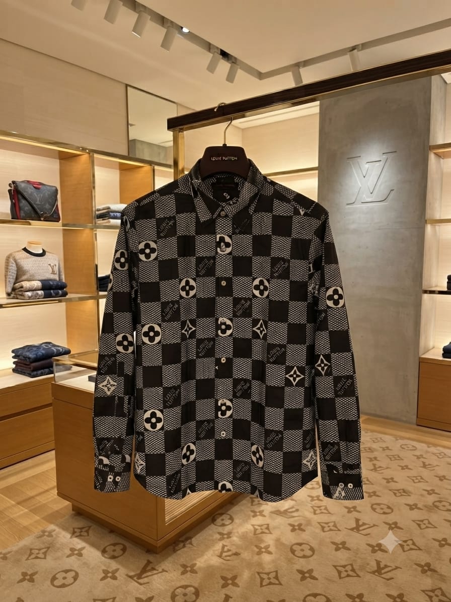 Louis Vuitton black designer cotton shirt with embossed buttons
