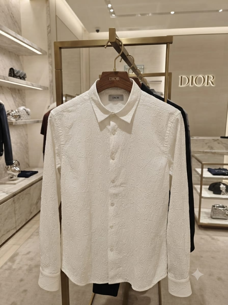 Dior white designer cotton shirt with embossed buttons for office wear
