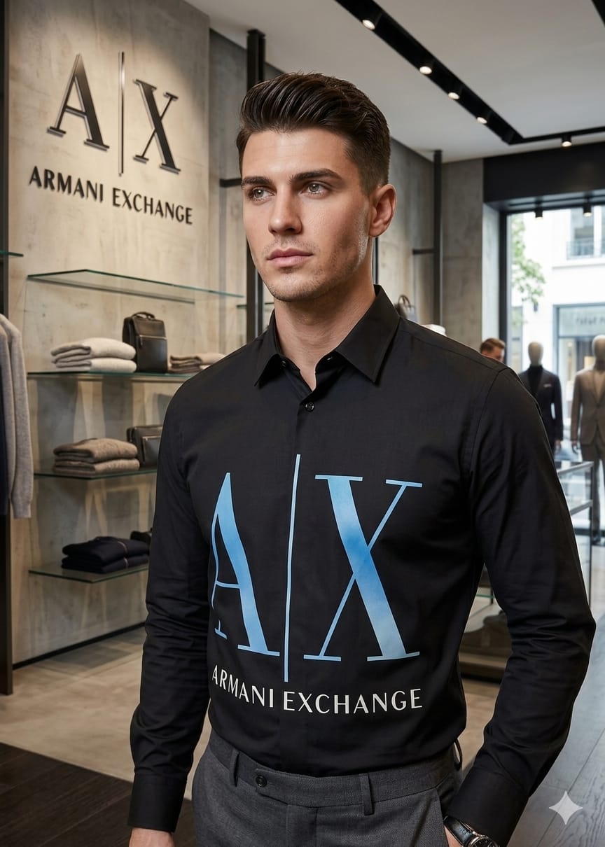 Premium Armani Exchange black full sleeve cotton shirt with embossed buttons
