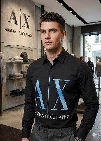 Premium Armani Exchange black full sleeve cotton shirt with embossed buttons

