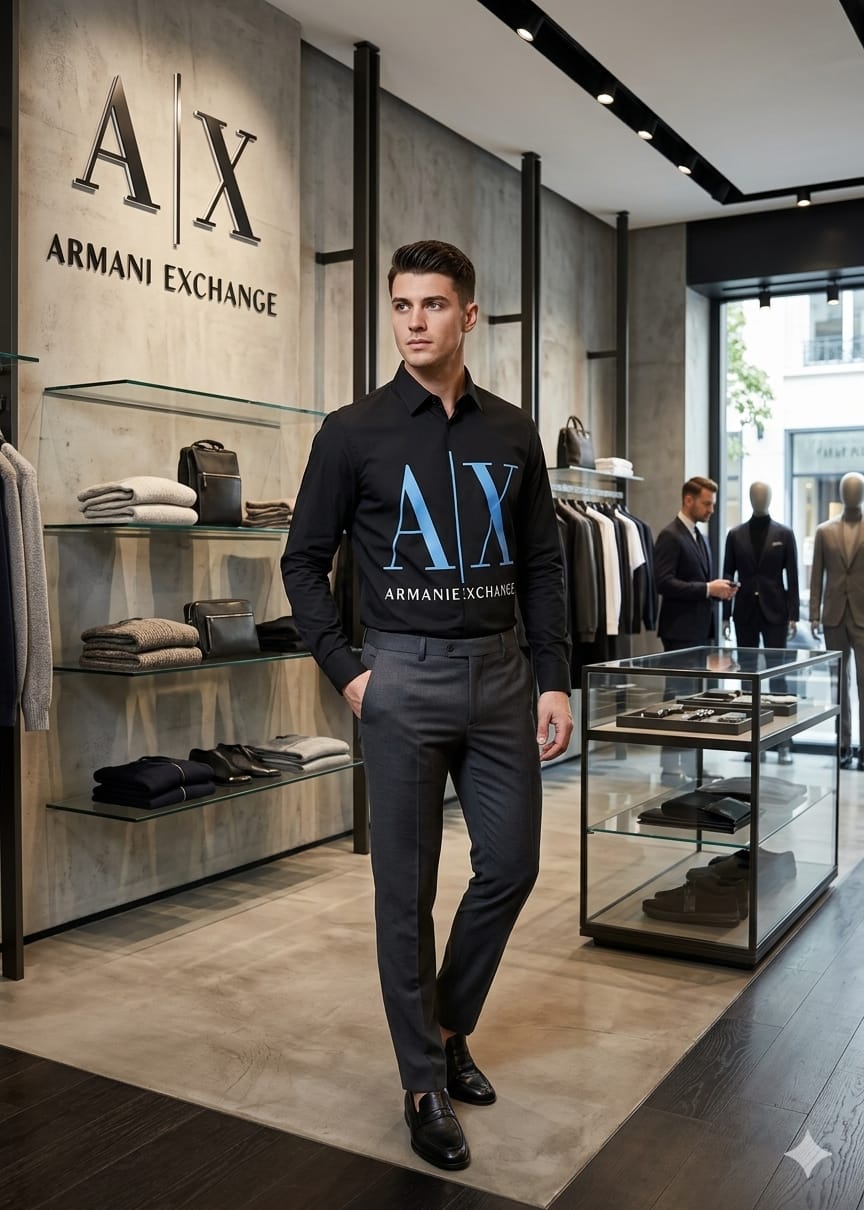 Armani Exchange black designer cotton shirt for office and smart casual wear
