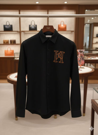Hermès men's black premium Japanese fabric regular fit shirt with stone work
