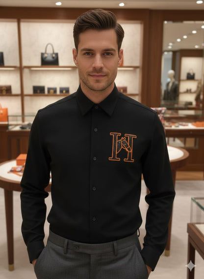 Black Hermès premium full sleeve Japanese fabric shirt with stone work