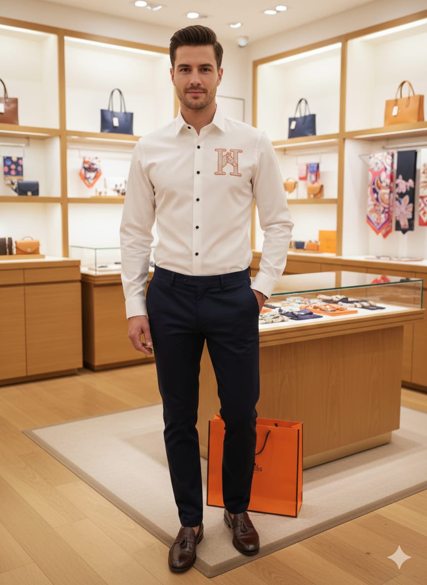 White Hermès premium full sleeve Japanese fabric shirt with stone work