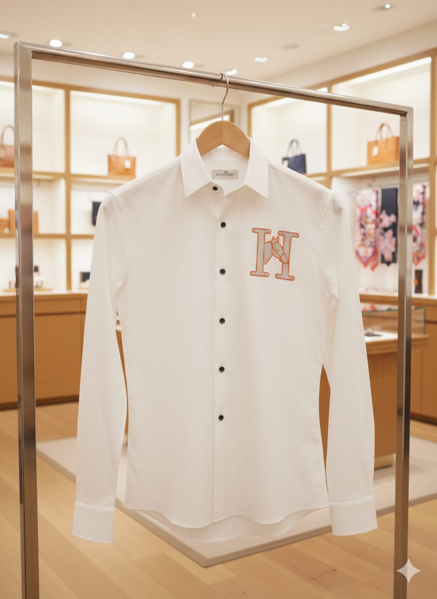 Hermès men's white premium Japanese fabric regular fit shirt with stone work
