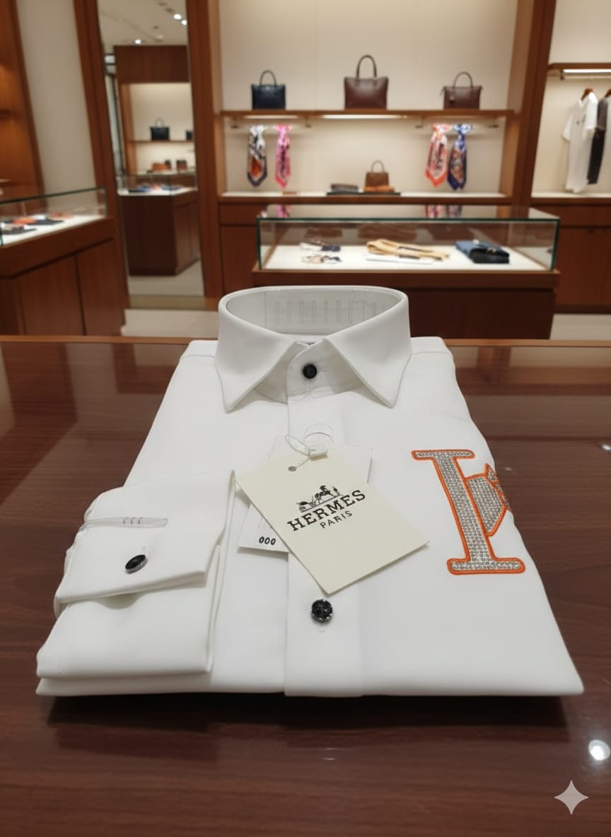 Premium Hermès white designer shirt with Japanese fabric and stone detailing
