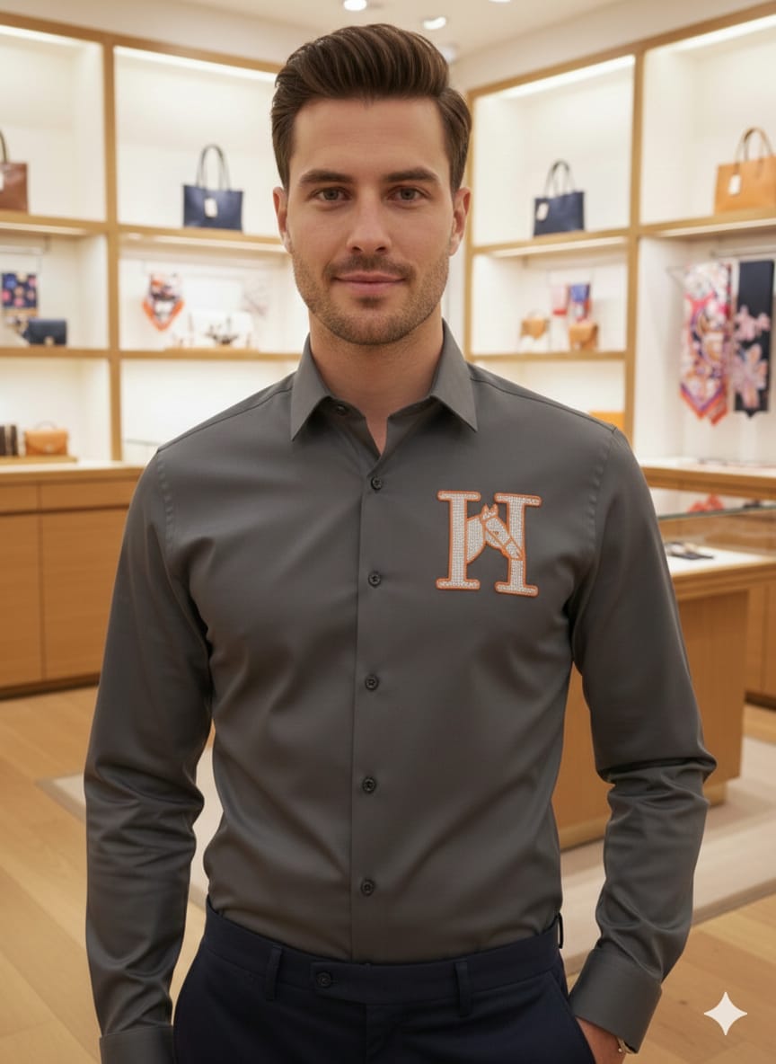 Hermès Inspired Men's Premium Japanese Fabric Stone Work Shir