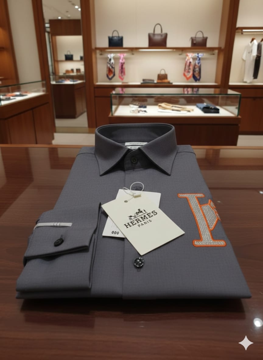 Premium Hermès grey designer shirt with Japanese fabric and stone detailing
