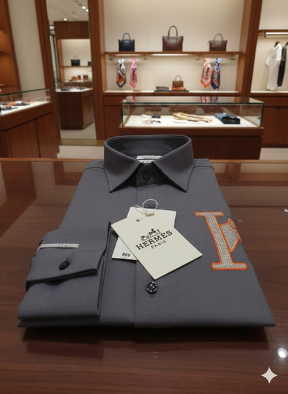Premium Hermès grey designer shirt with Japanese fabric and stone detailing
