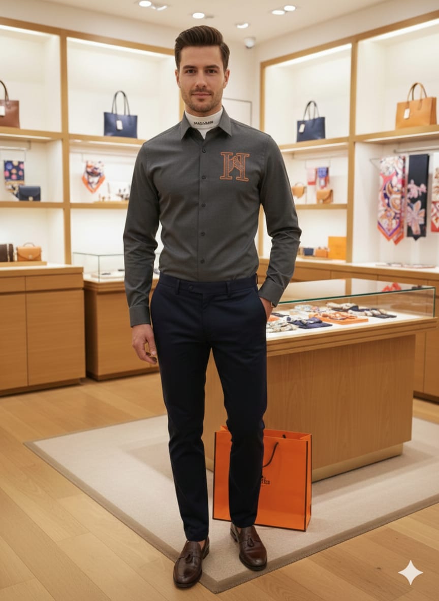 Grey Hermès premium full sleeve Japanese fabric shirt with stone work