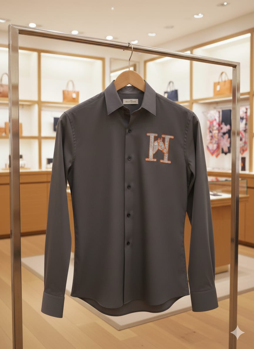 Hermès men's grey premium Japanese fabric regular fit shirt with stone work
