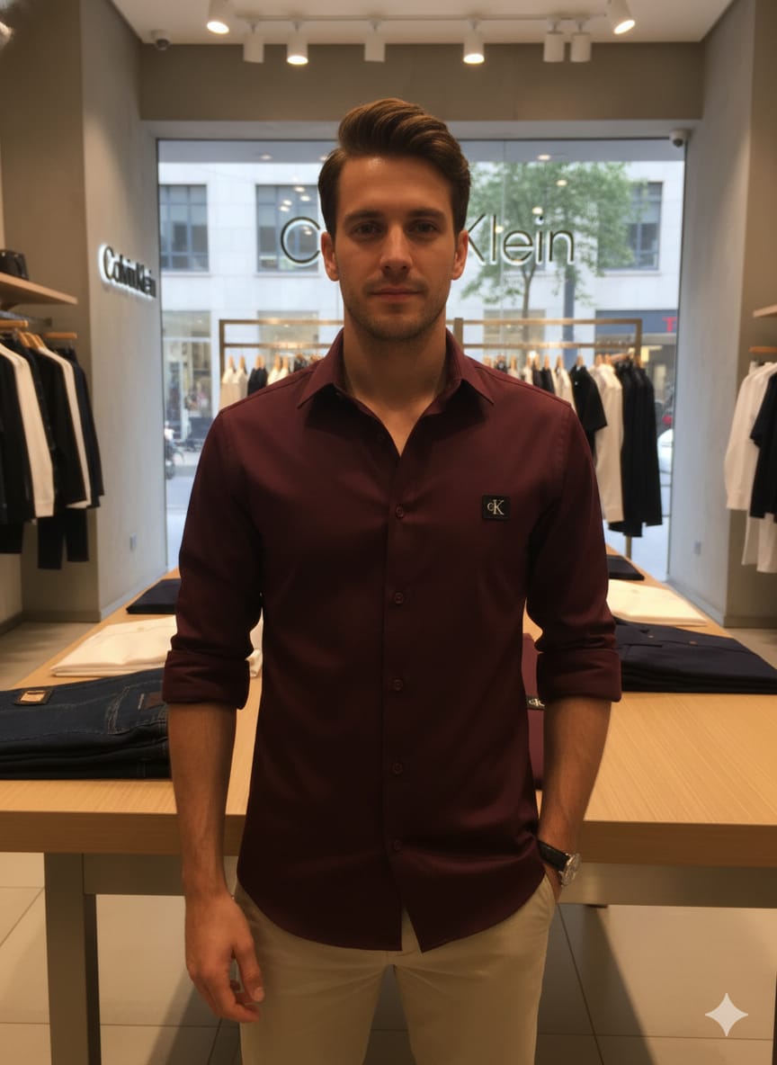 Luxury Calvin Klein wine full sleeve cotton lycra shirt
