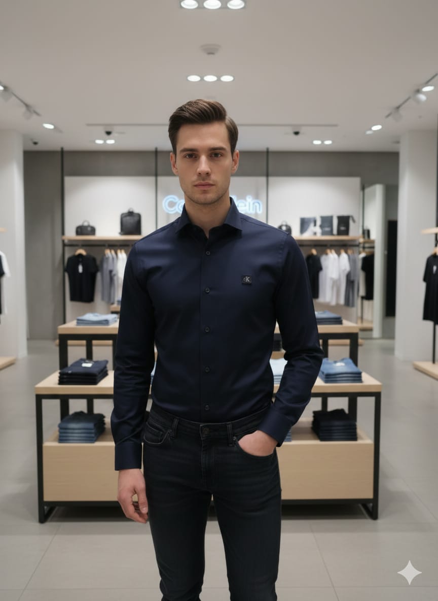 Luxury Calvin Klein navy full sleeve cotton lycra shirt