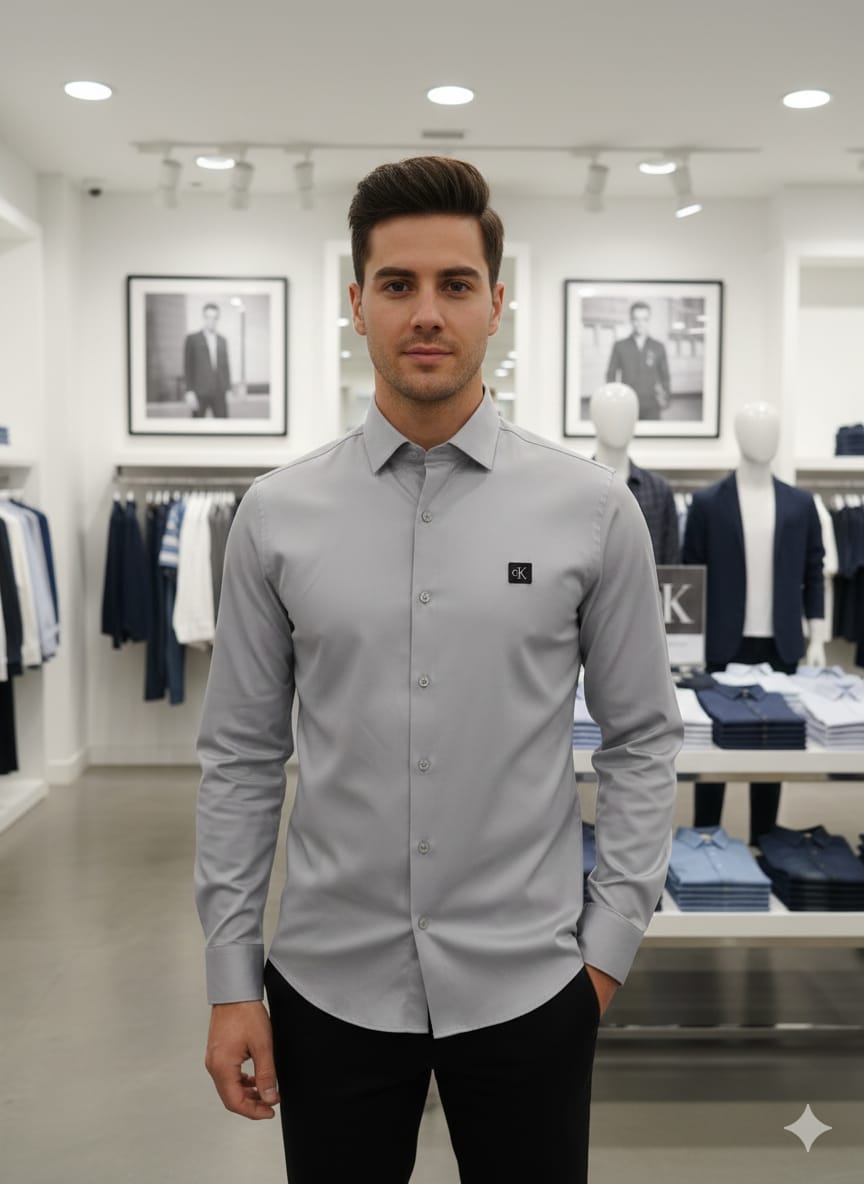 Luxury Calvin Klein grey full sleeve cotton lycra shirt