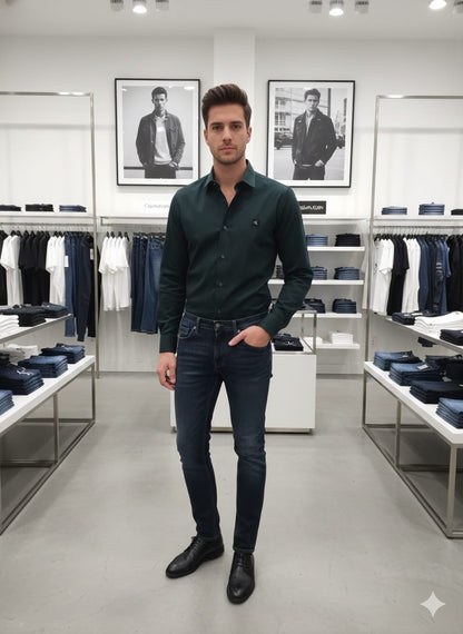 Luxury Calvin Klein green full sleeve cotton lycra shirt