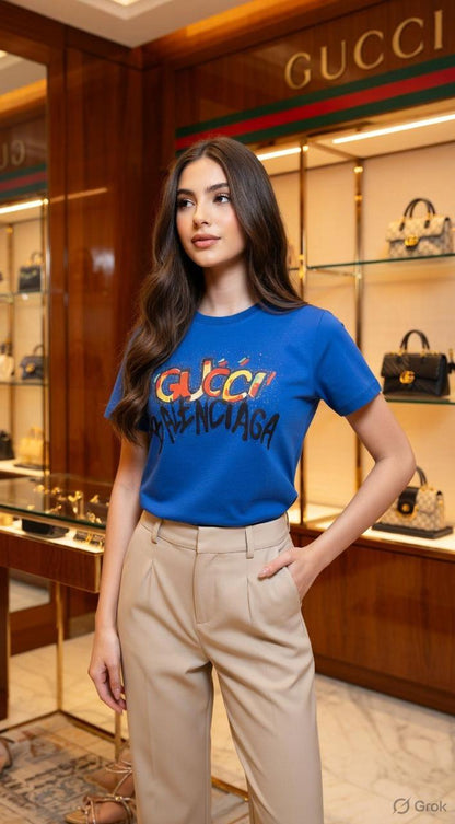 Premium Gucci x Balenciaga blue T-shirt for women
