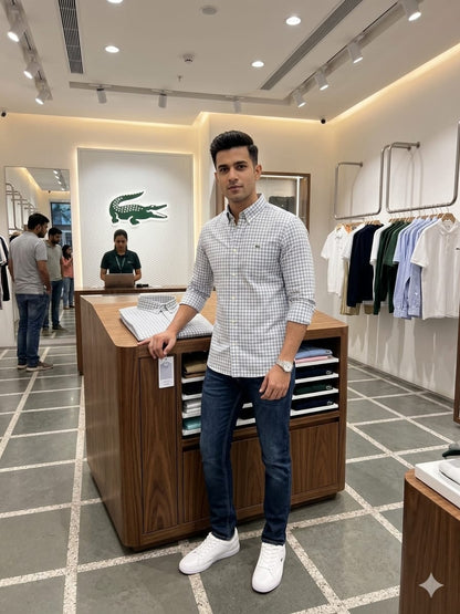 Lacoste grey casual cotton linen shirt with regular fit
