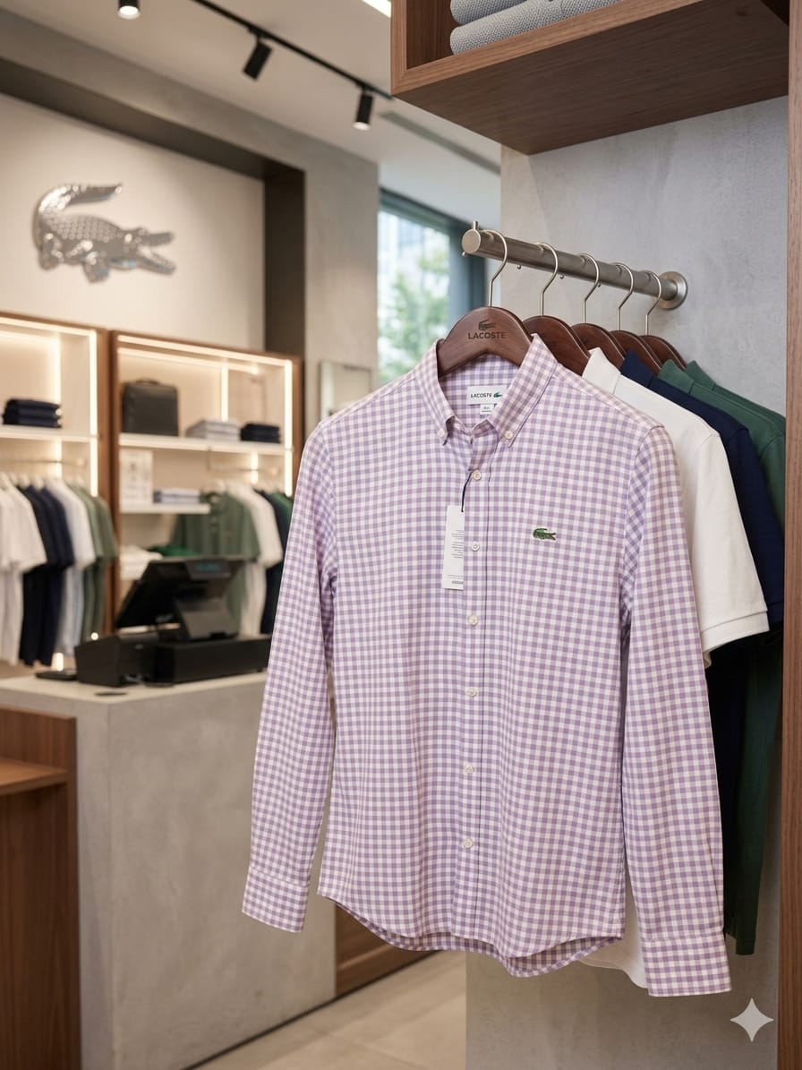 Lacoste lilac cotton linen slub regular fit shirt for men
