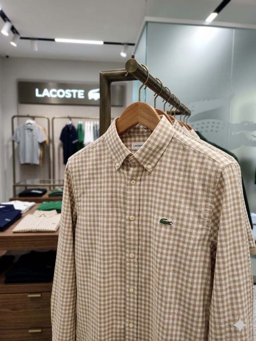 Lacoste beige cotton linen slub regular fit shirt for men
