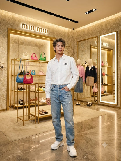 Miu Miu premium white cotton shirt with original accessories and regular fit
