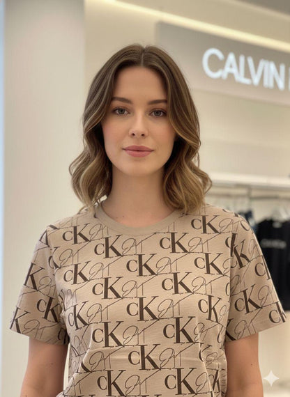Calvin beige designer-inspired ladies casual tee
