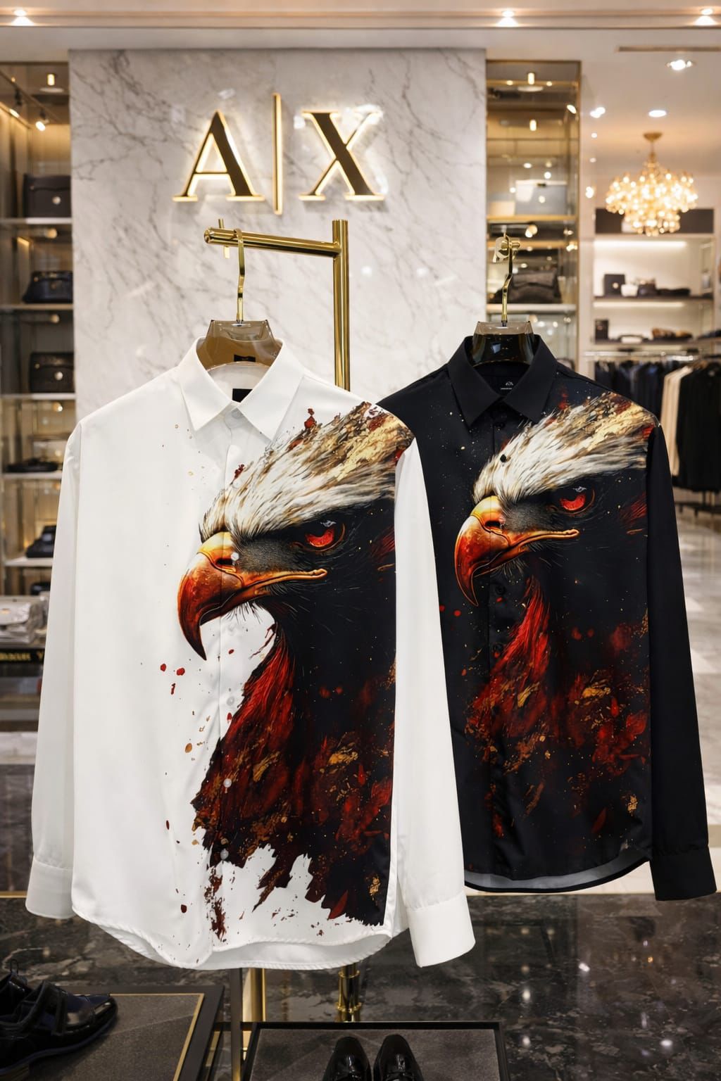 Premium Japanese fabric shirts with embroidered eagle logo available in white and black
