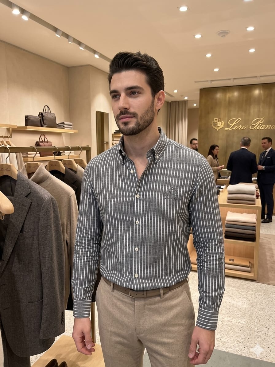 Premium Loro Piana grey regular fit shirt with embroidered logo
