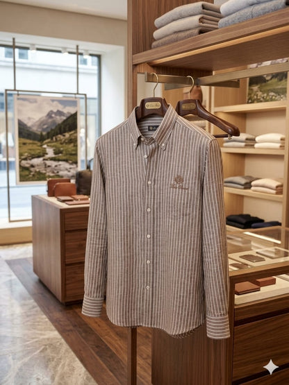 Loro Piana Beige button down linen cotton shirt for men
