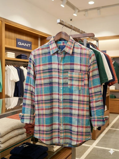 GANT Originals multicolor pastel check premium linen blend shirt for men
