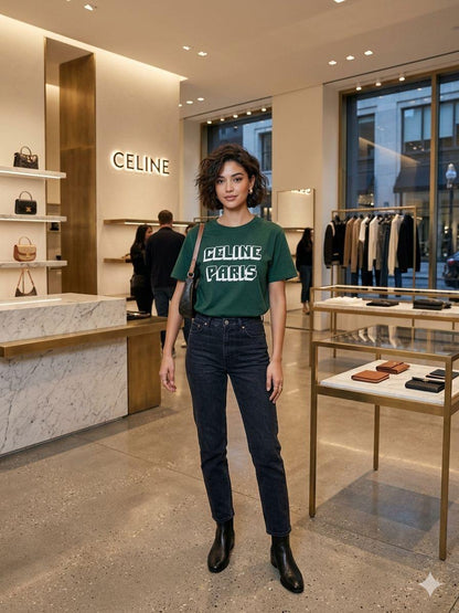 Premium Celine green women's Lycra T-shirt
