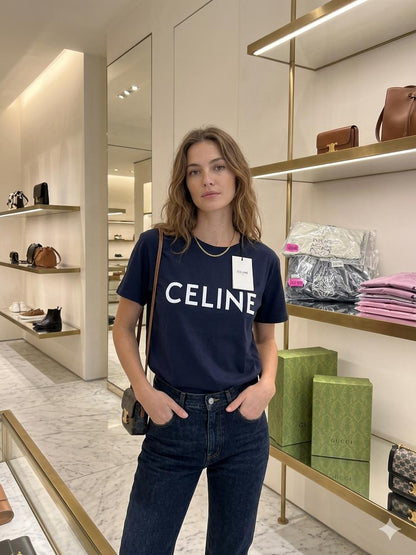 Premium Celine navy women's Lycra T-shirt
