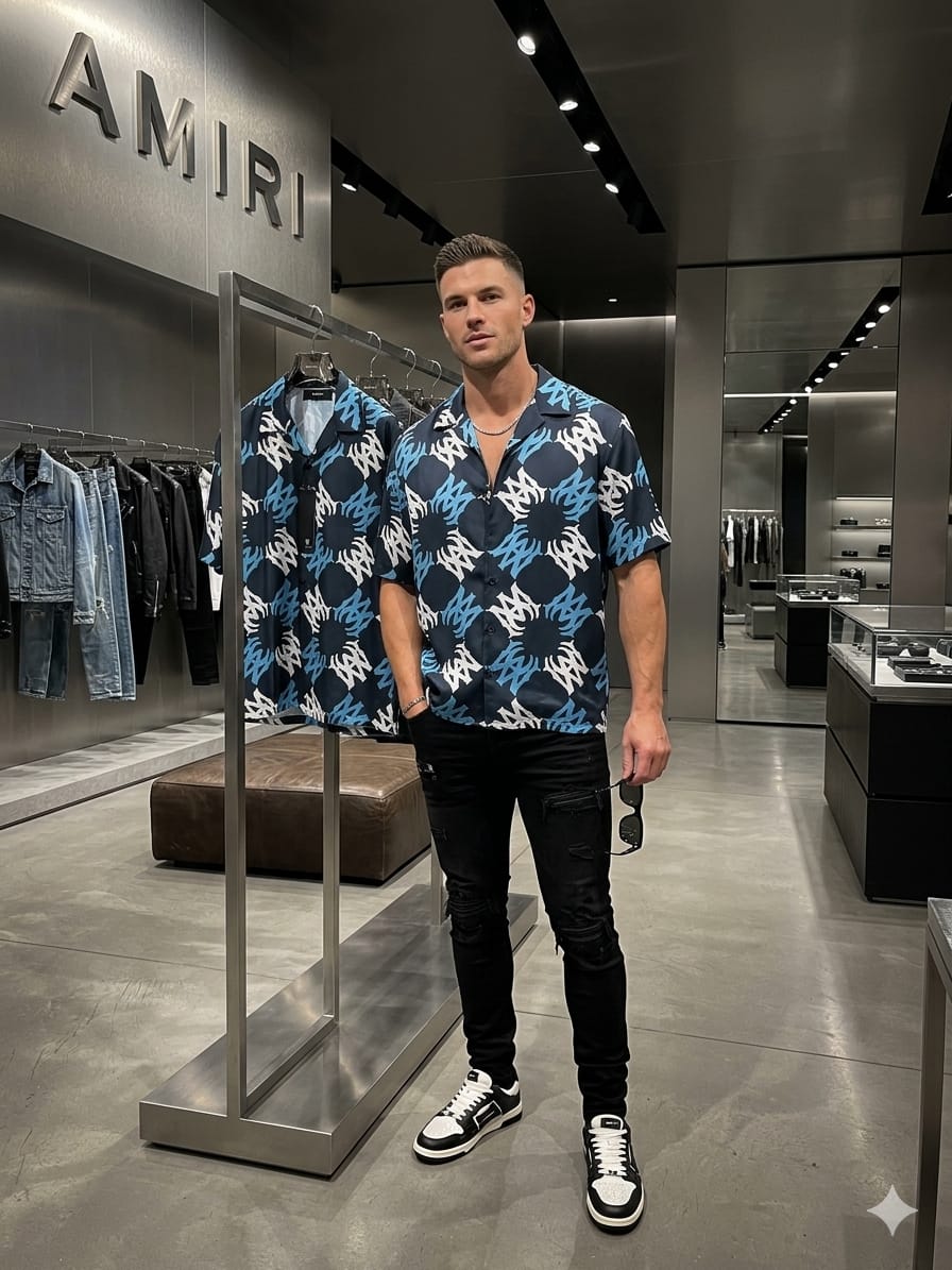 Designer-inspired Amiri navy casual Cuban collar shirt
