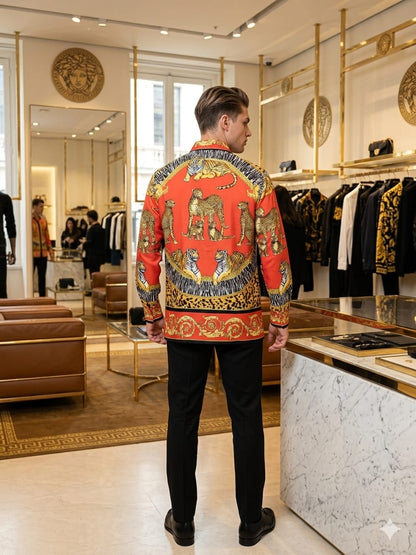 Versace orange premium cotton viscose animal print shirt
