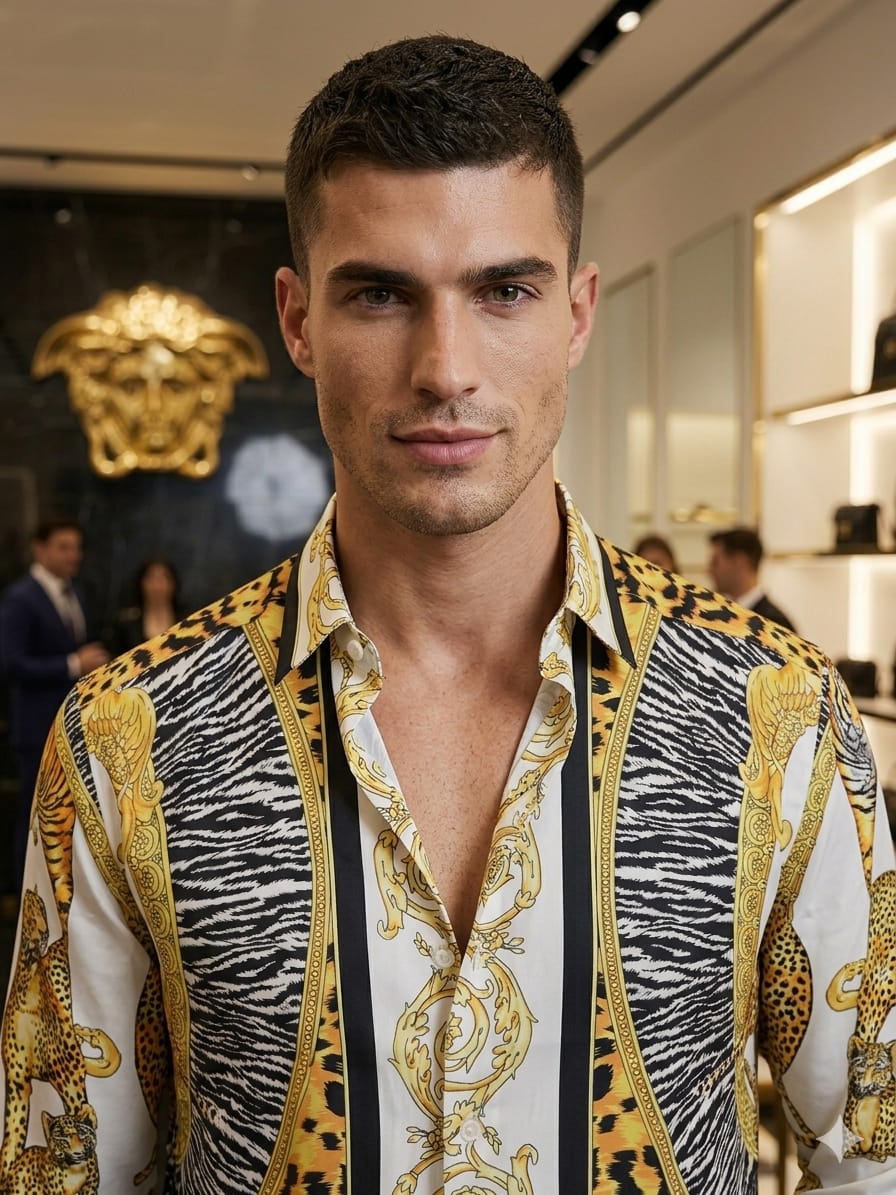 Versace white premium cotton viscose animal print shirt
