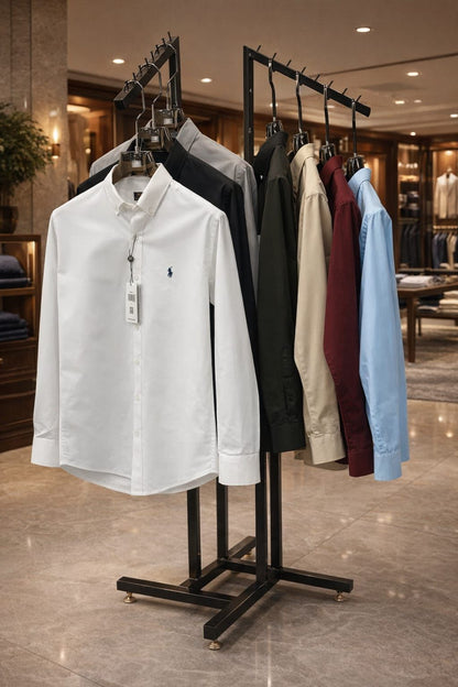 Ralph Lauren premium Oxford cotton shirts in olive green, white, wine, black, beige, grey, and sky blue
