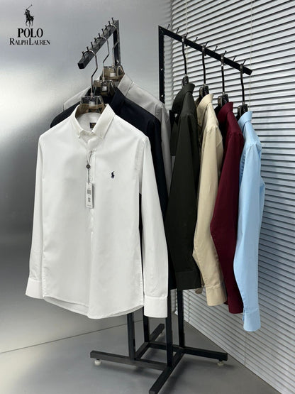 Designer-inspired Ralph Lauren regular fit Oxford cotton shirts for men in olive green, white, wine, black, beige, grey, and sky blue
