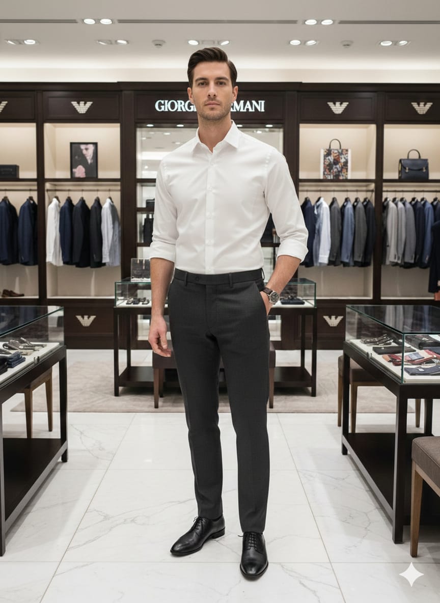 Designer-inspired Armani white cotton shirt with embossed buttons
