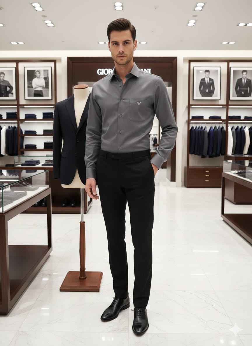 Designer-inspired Armani grey cotton shirt with embossed buttons
