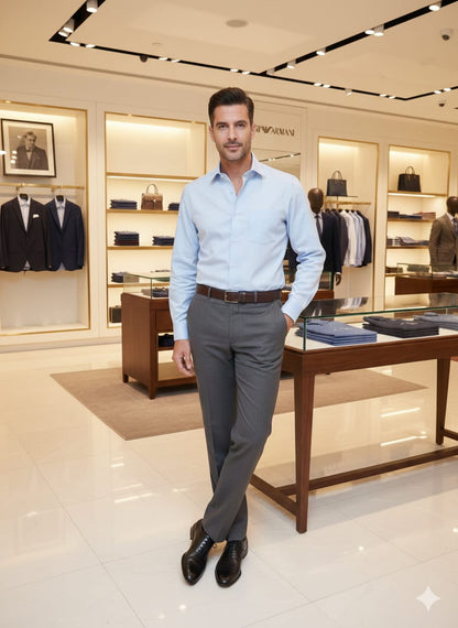 Designer-inspired Armani sky blue cotton shirt with embossed buttons
