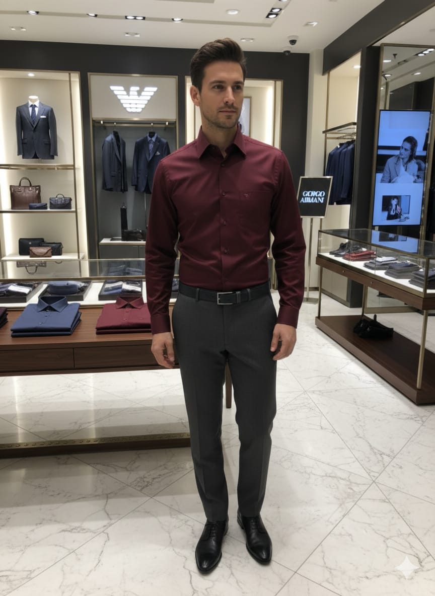 Designer-inspired Armani wine cotton shirt with embossed buttons
