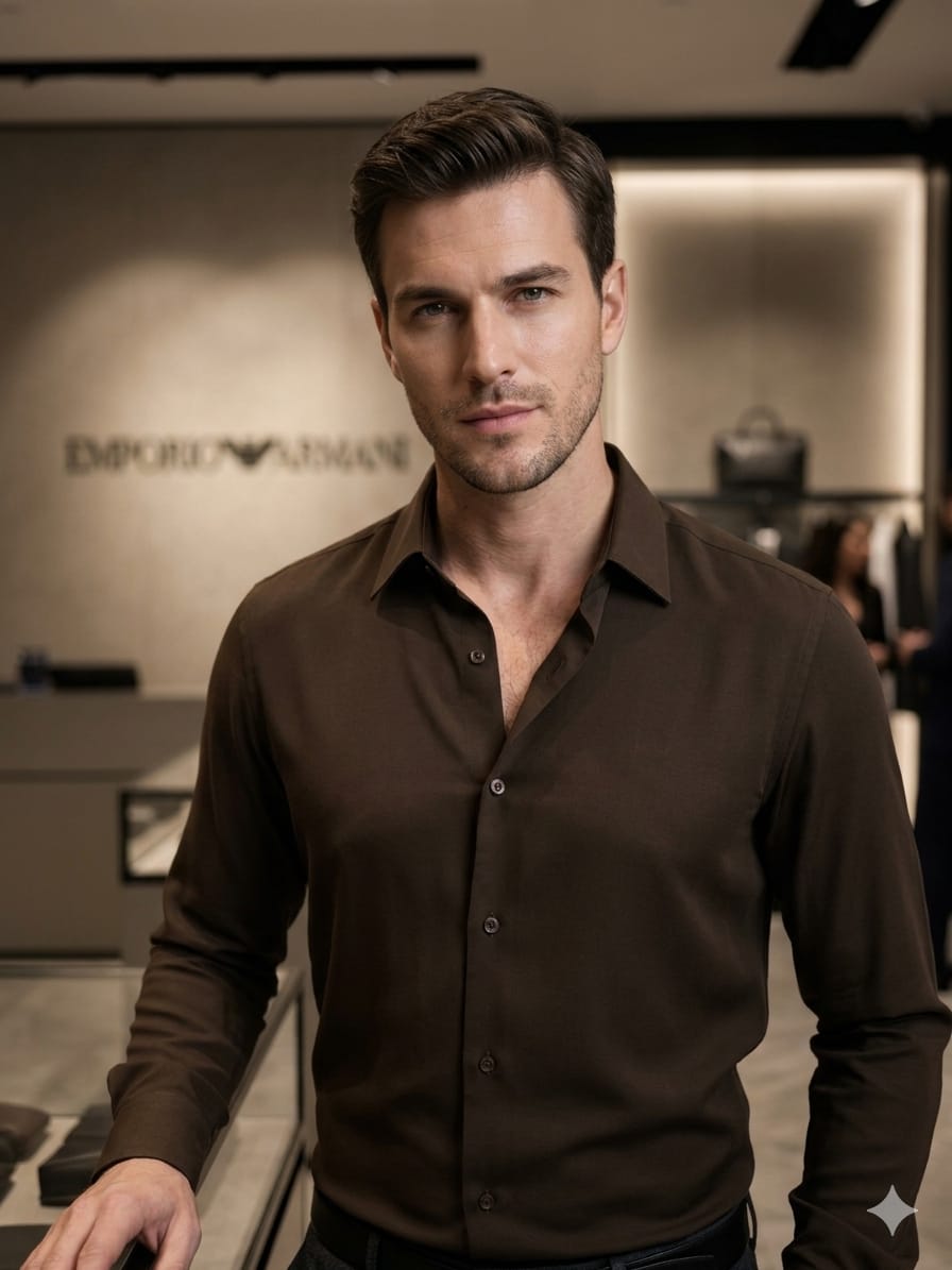 Emporio Armani Lycra Stretch Shirt in Brown – Back View	