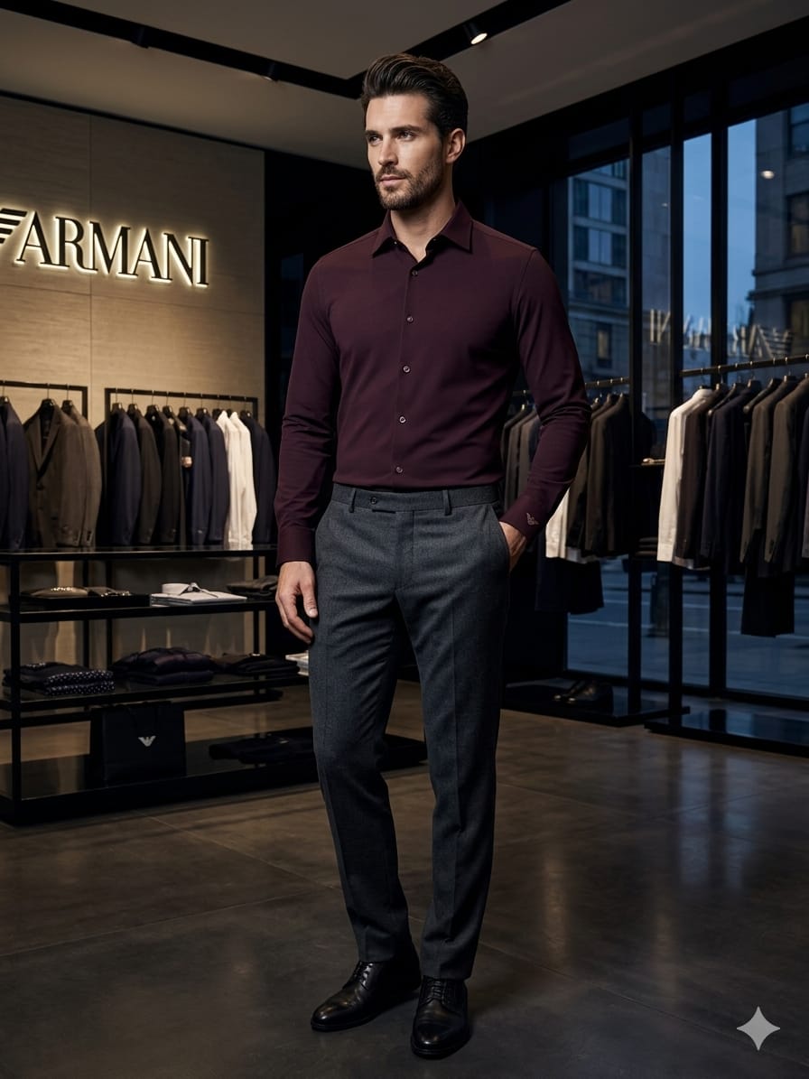 Emporio Armani Wine Shirt – Embossed Button Detail
