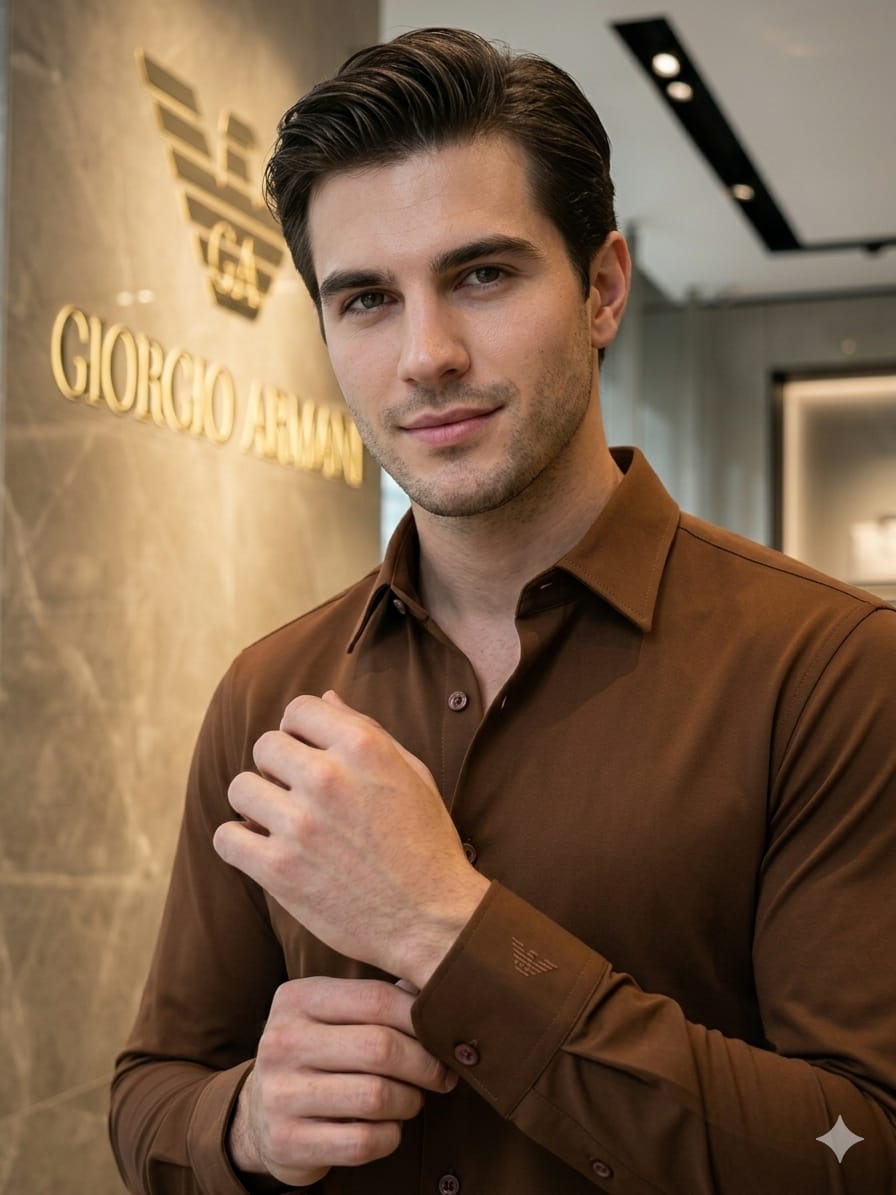 Emporio Armani Lycra Stretch Shirt in Copper Brown – Back View	
