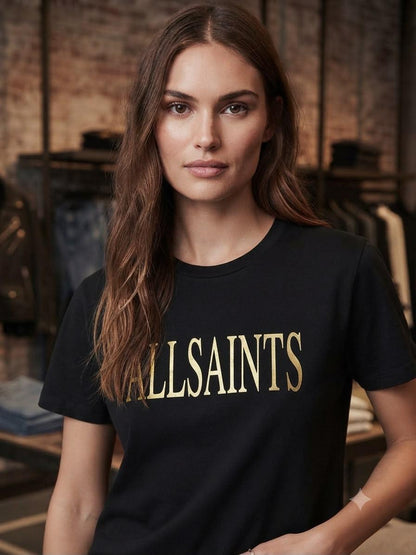AllSaints black 3D embroidery casual women's tee
