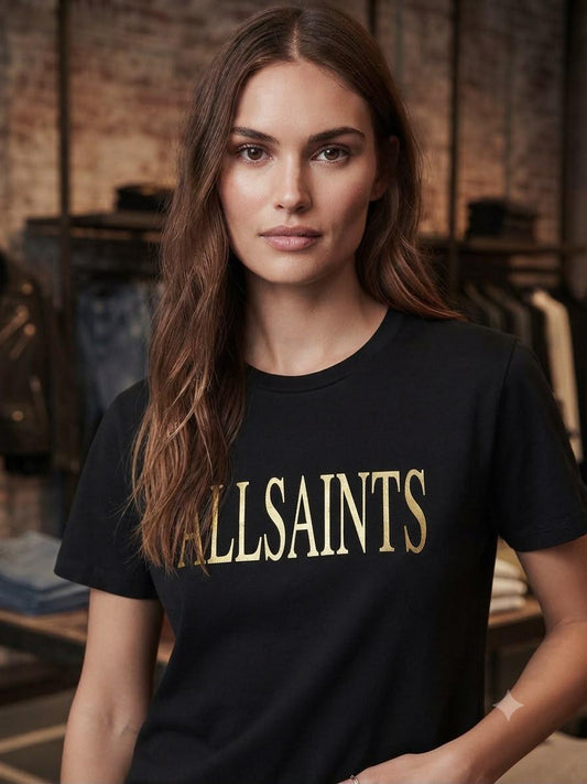 AllSaints black 3D embroidery casual women's tee
