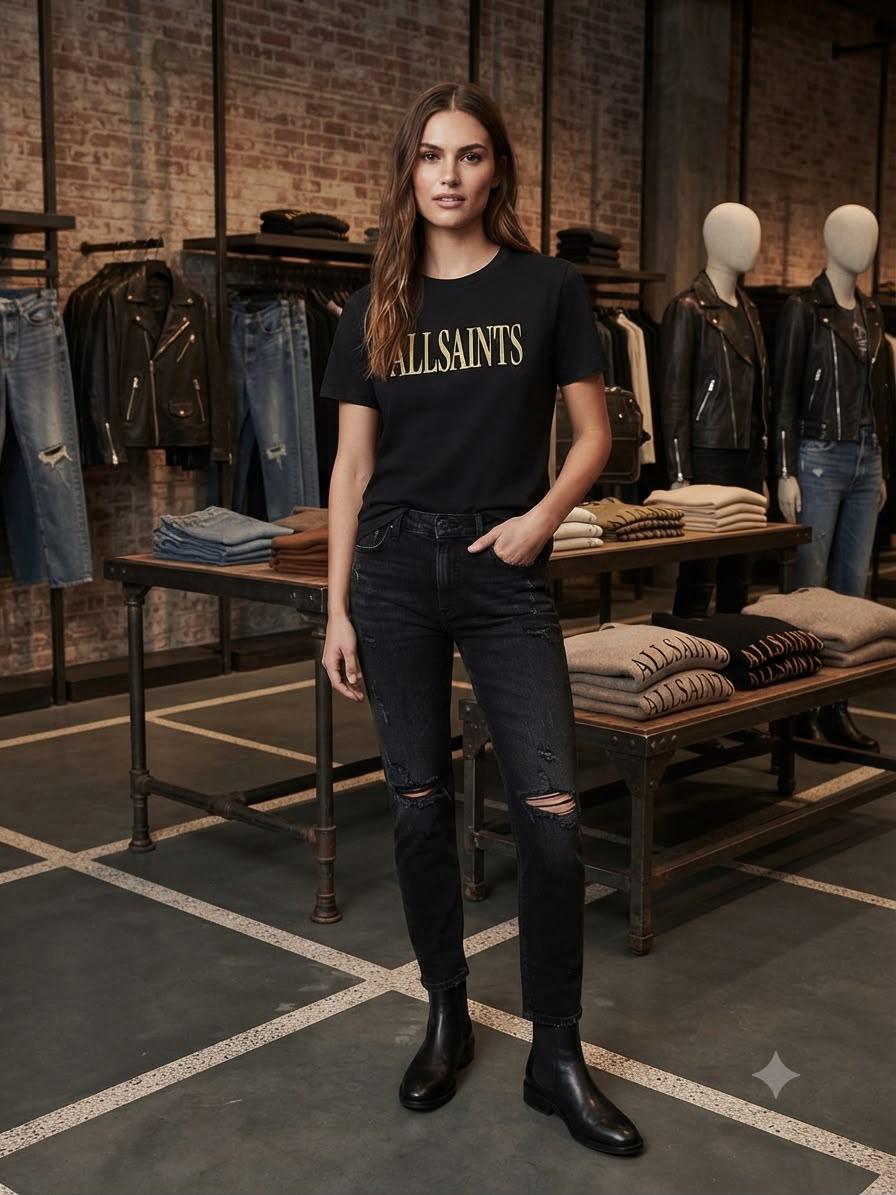 Premium AllSaints black Lycra T-shirt for women
