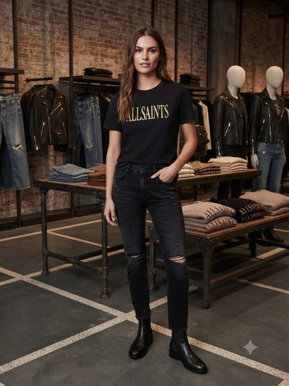 Premium AllSaints black Lycra T-shirt for women
